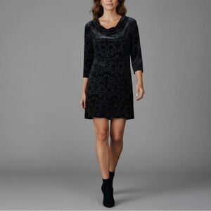 Ruby Ribbon Cowl Neck Damask Burnout Velvet Mini Dress Black